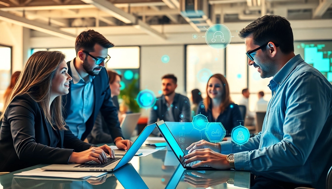 AI agents assisting users in a collaborative workspace with advanced tools and technology.
