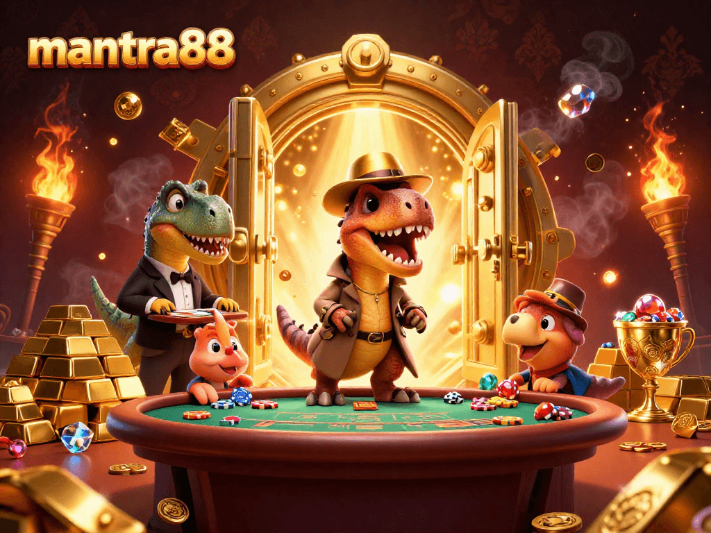 Enjoy thrilling gameplay at mantra88 with a 3D cartoon velociraptor card counter sneaking at a blackjack table.
