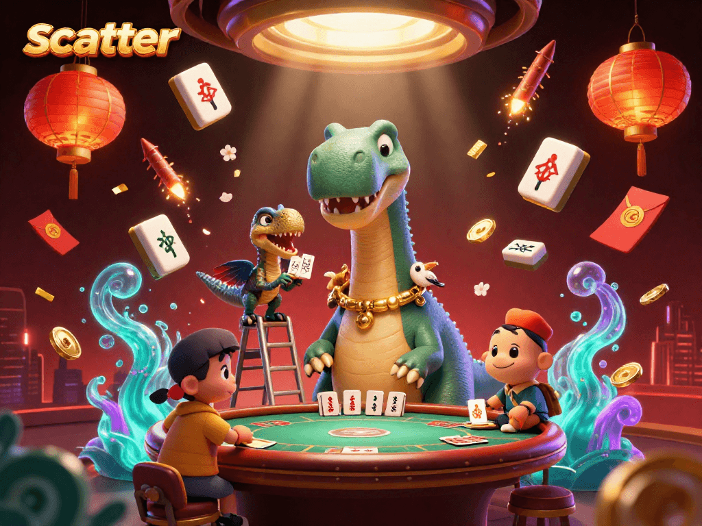 Experience the excitement of a scatter-filled casino with cartoon characters engaged in dynamic games.