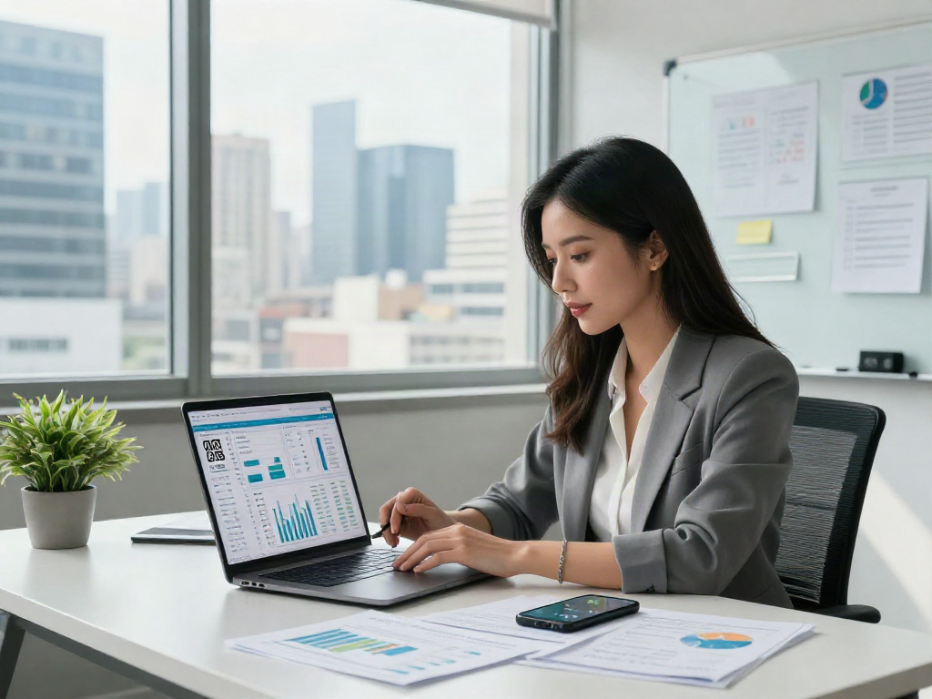 Financial analyst reviewing slot QRIS data in a modern office setting