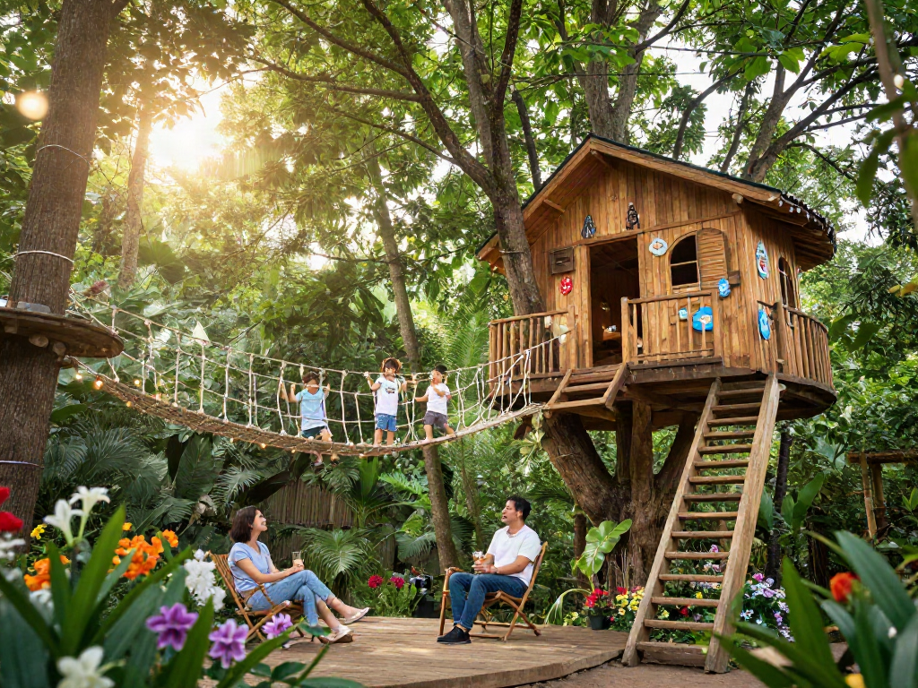 Family enjoying tree house life together in a lush forest setting with vibrant greenery.