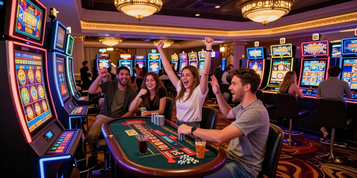 Friends celebrating a slot jackpot win in a lively casino environment
