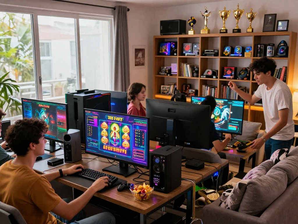 Engaged friends playing Zeus Slot in a lively gaming setting, showcasing excitement and camaraderie.
