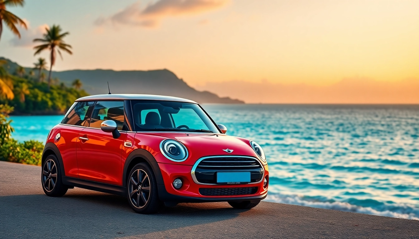 Experience st barths mini cooper rental with a vivid red Mini Cooper by the coast at sunset.