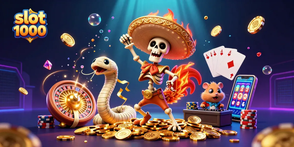 Slot 1000 memberikan keseruan dengan karakter kartun di tengah tumpukan koin emas.