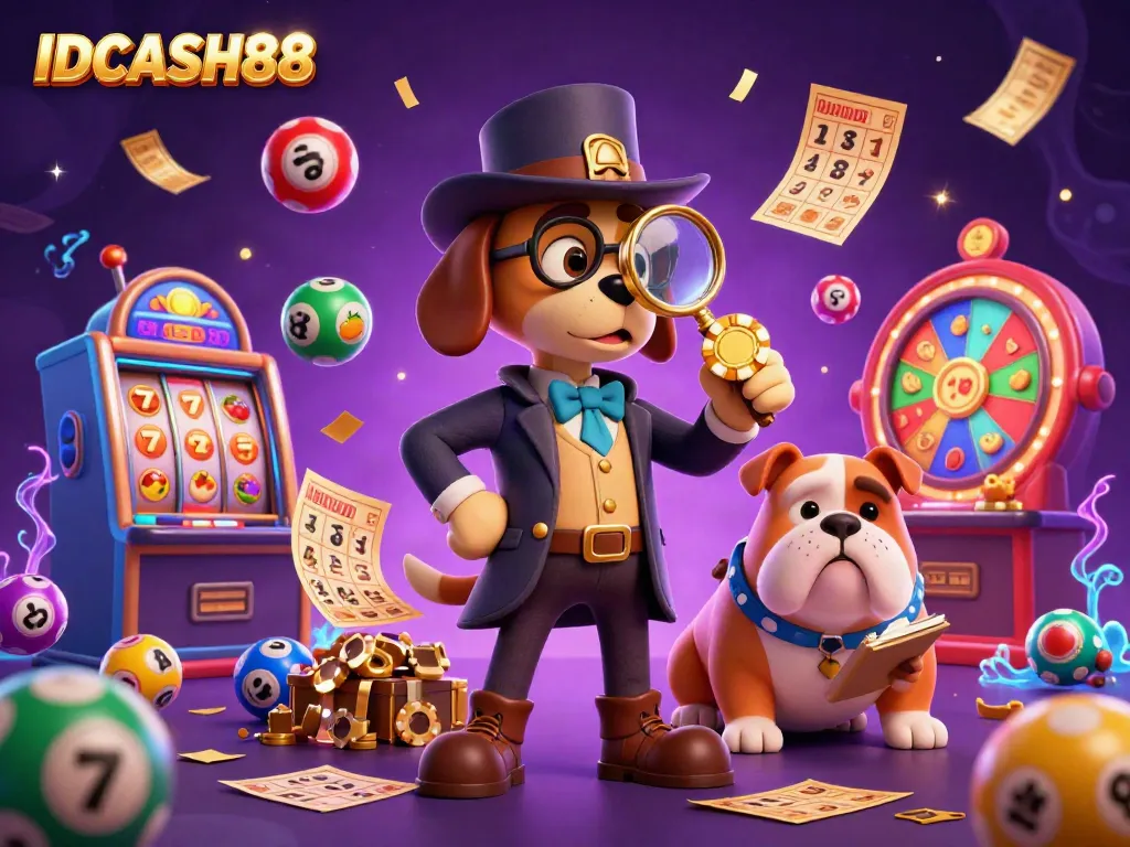 Experience the excitement of IDCASH88 with a lively 3D illustration showcasing a detective searching for poker chip clues amidst vibrant casino elements.