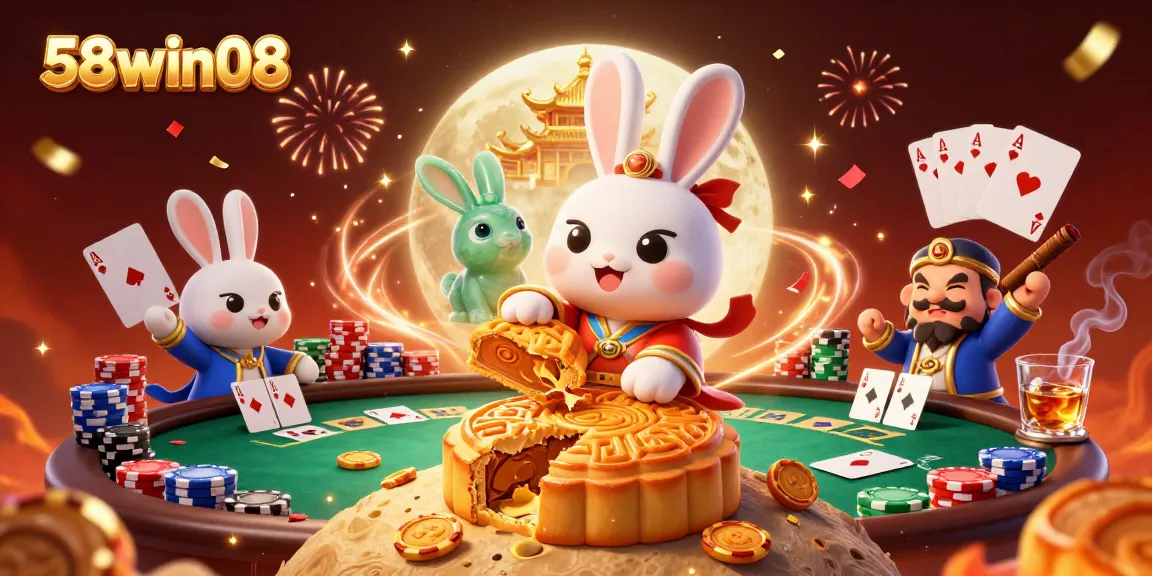 Experience thrilling poker action with 58win08's dynamic moon rabbit scene, celebrating wins in style.