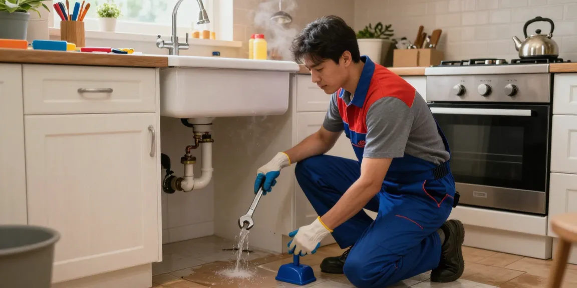 Emergency plumber in Sandy fixing a burst pipe in a kitchen during a plumbing crisis.