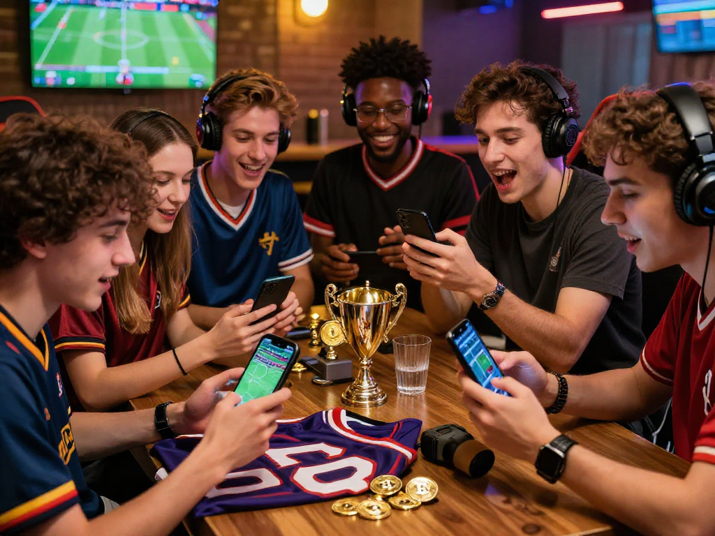 Paris sportif crypto : jeunes parieurs enthousiastes utilisant leurs smartphones dans un bar sportif animé.