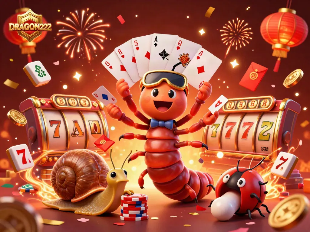 Experience thrilling action at DRAGON222 with vibrant casino elements and a playful atmosphere in a 3D illustration.