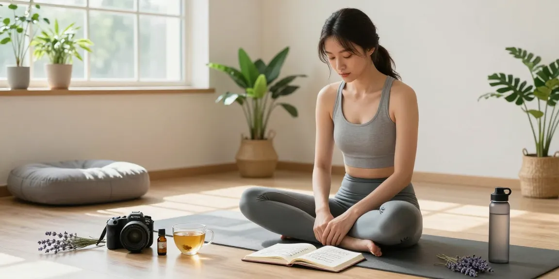 ブラビオンSの口コミを基にした健康生活のシーンで、心地よいヨガマットに座る若い女性と健康製品が描かれています。