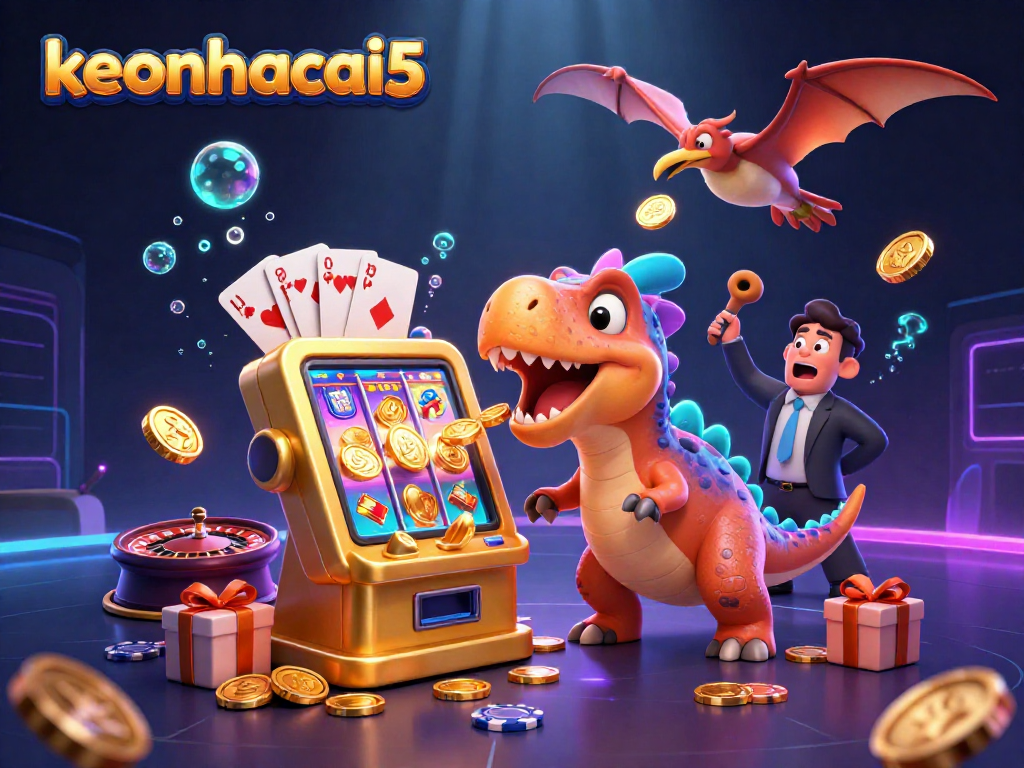 keonhacai5 illustrates a 3D pachycephalosaurus winning slots amid colorful casino elements.