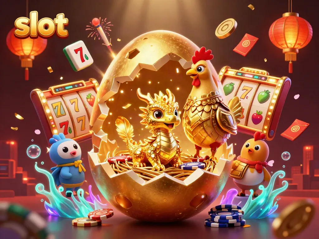 Engaging slot illustration with a golden dragon emerging from a casino-themed egg, surrounded by slot elements.