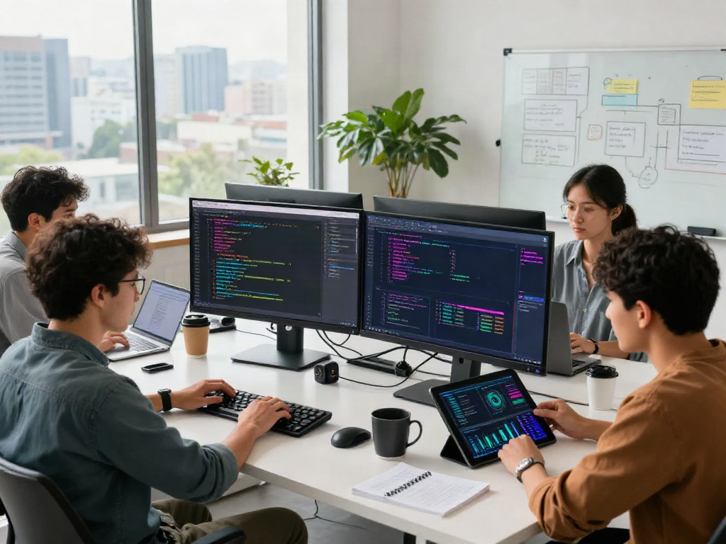 Coding professionals collaborating in an AI-driven tech workspace, showcasing how to crush on AI