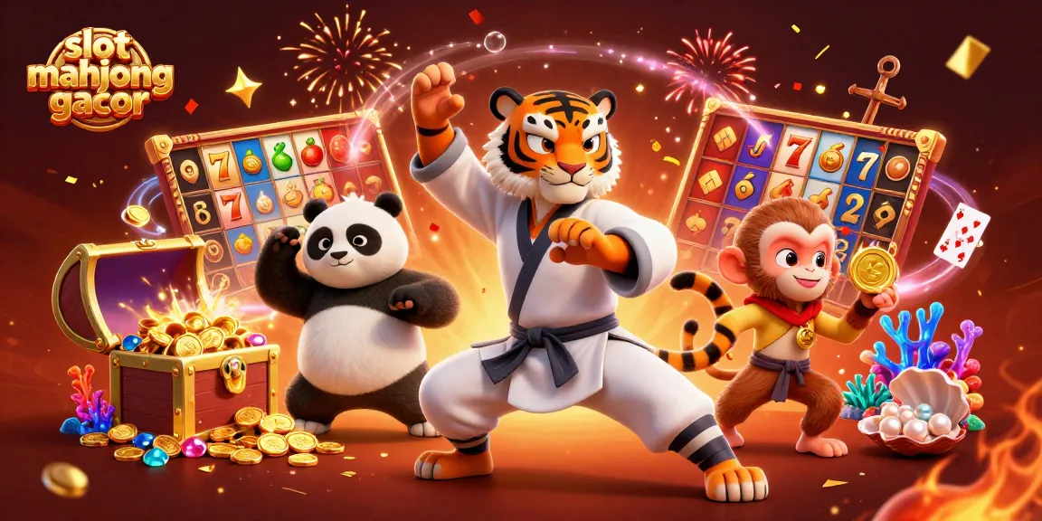 Engage with slot mahjong gacor in an action-filled 3D casino illustration showcasing vibrant slot reels and dynamic characters.