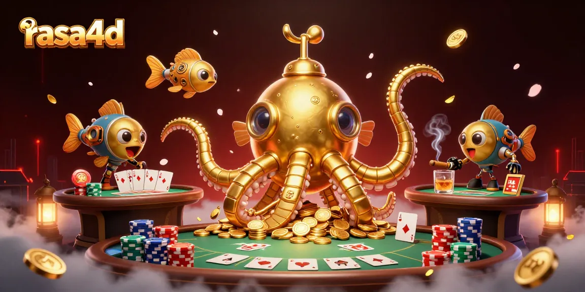 Rasa4d memulai permainan poker dengan kraken emas dan ikan mekanik dalam suasana penuh koin.