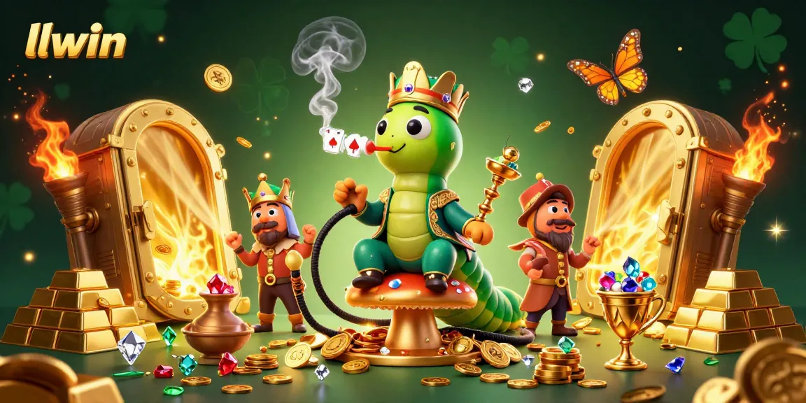 Join llwin in a vibrant casino adventure with an illustrated caterpillar master creating poker hand smoke rings!