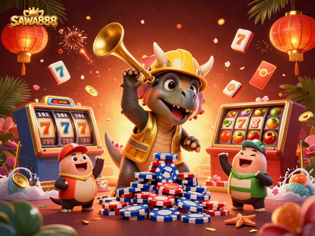 Join the excitement of SAWA888 with a vibrant casino scene featuring colorful characters, poker chips, and joyful celebrations.