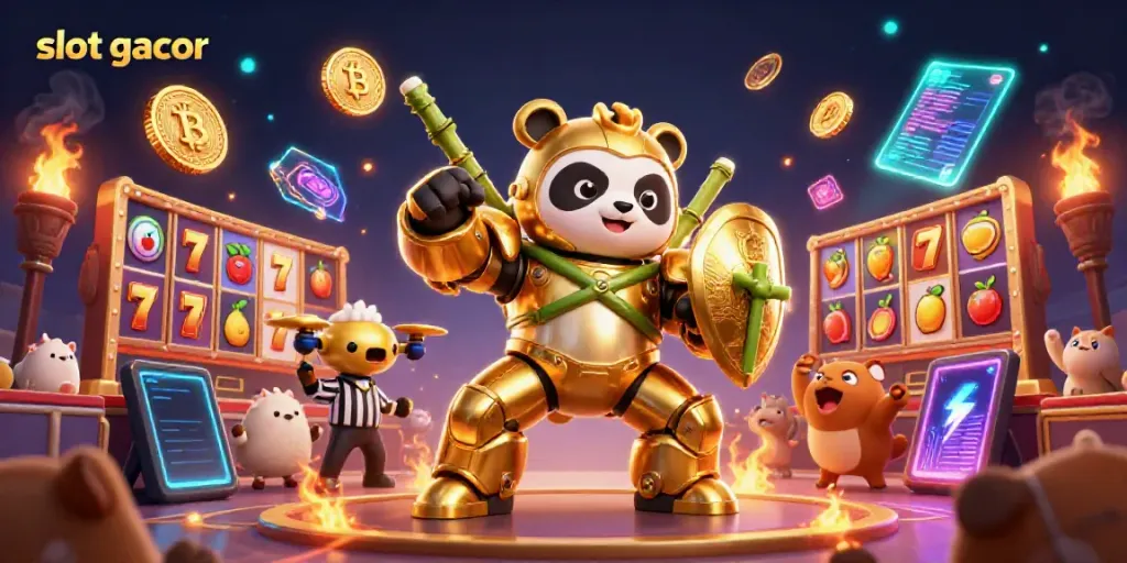 Engage with slot gacor-themed excitement through vibrant 3D digital art of a mech-suit panda amidst slot reels.