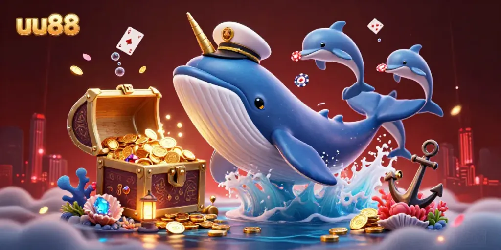 Engage with the magical world of uu88 featuring a whimsical whale, a golden narwhal, and playful dolphins in a treasure-filled underwater scene.
