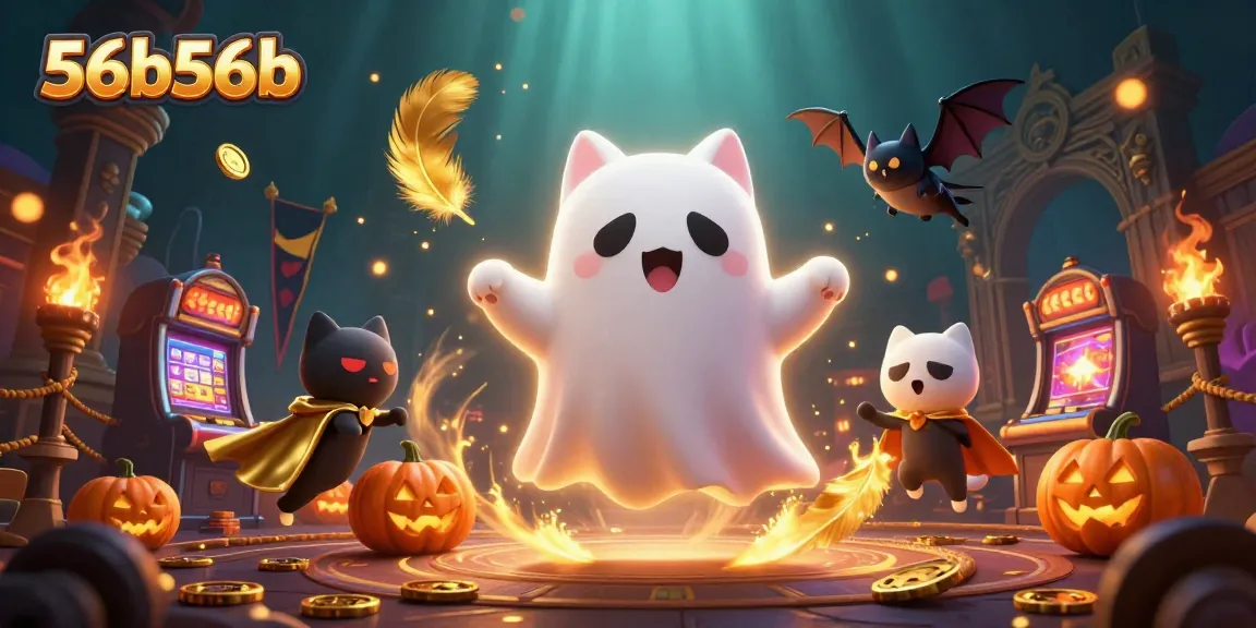 Explore o vibrante cassino fantasma 56b56b com gato, morcego e abóboras em ação.