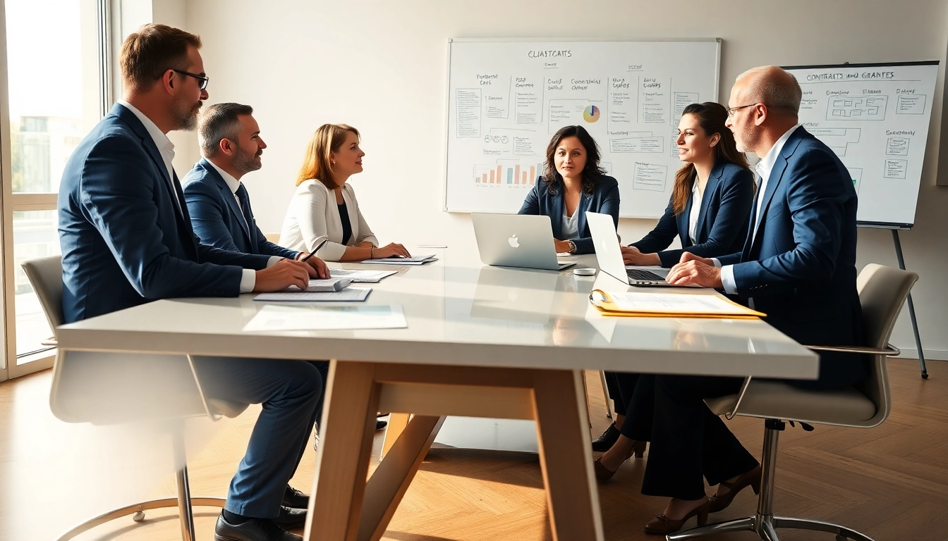Analyze contracts and grants between diverse professionals in a bright conference setting.