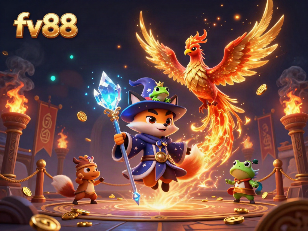 Experience exciting casino adventures with FV88, featuring mystical characters and vibrant game elements.