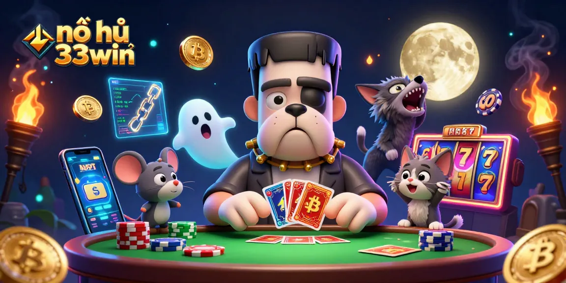 Play nổ hũ 33win with a thrilling 3D illustration featuring a Frankenstein bulldog and exciting slot reels.