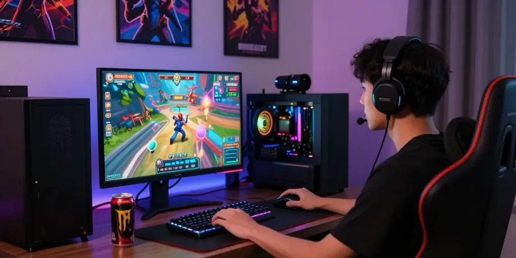 Engaged gamer playing slot gacor game with vibrant graphics in a modern setup.