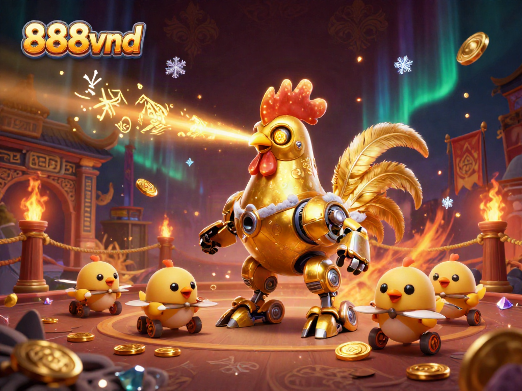 Engage with the thrilling 888vnd gaming atmosphere, featuring a dynamic golden rooster robot and baby chick drones.
