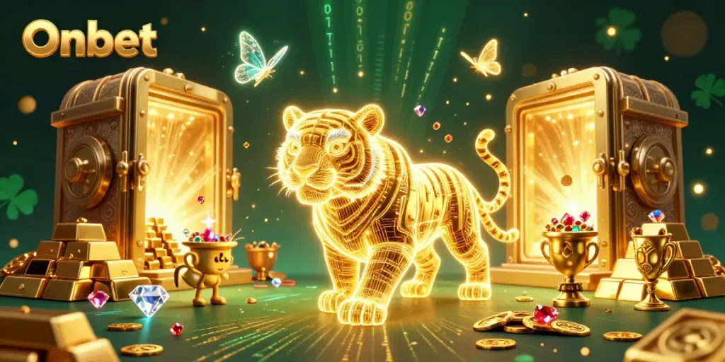 Experience Onbet's thrilling digital casino world where a neon-wireframe tiger and holographic butterflies thrive.