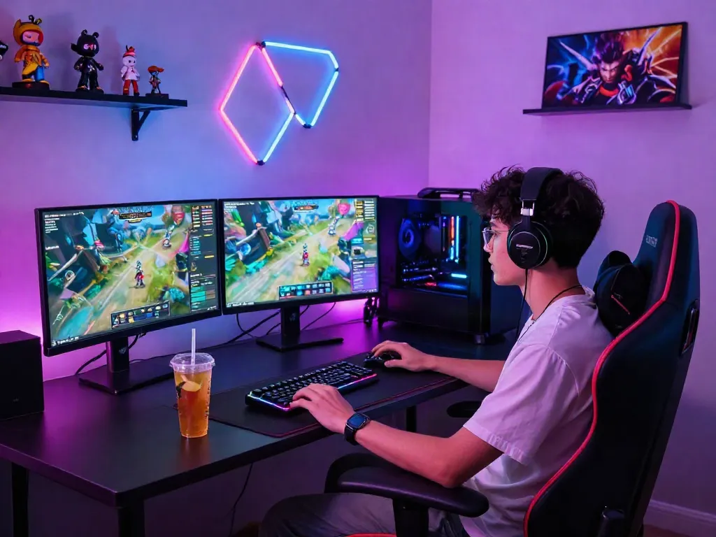 Pengguna diana4d sedang bermain game di ruang gaming futuristik dengan banyak layar dan suasana neon yang dinamis.