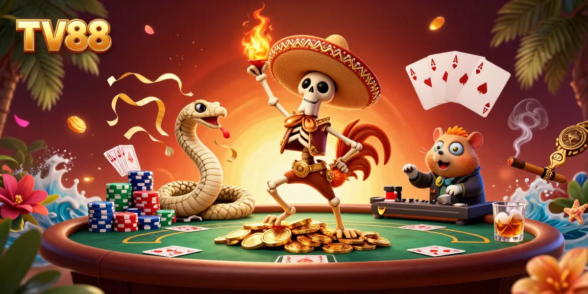 Experience dynamic gaming at TV88 with a lively casino scene featuring vibrant characters and rich details.