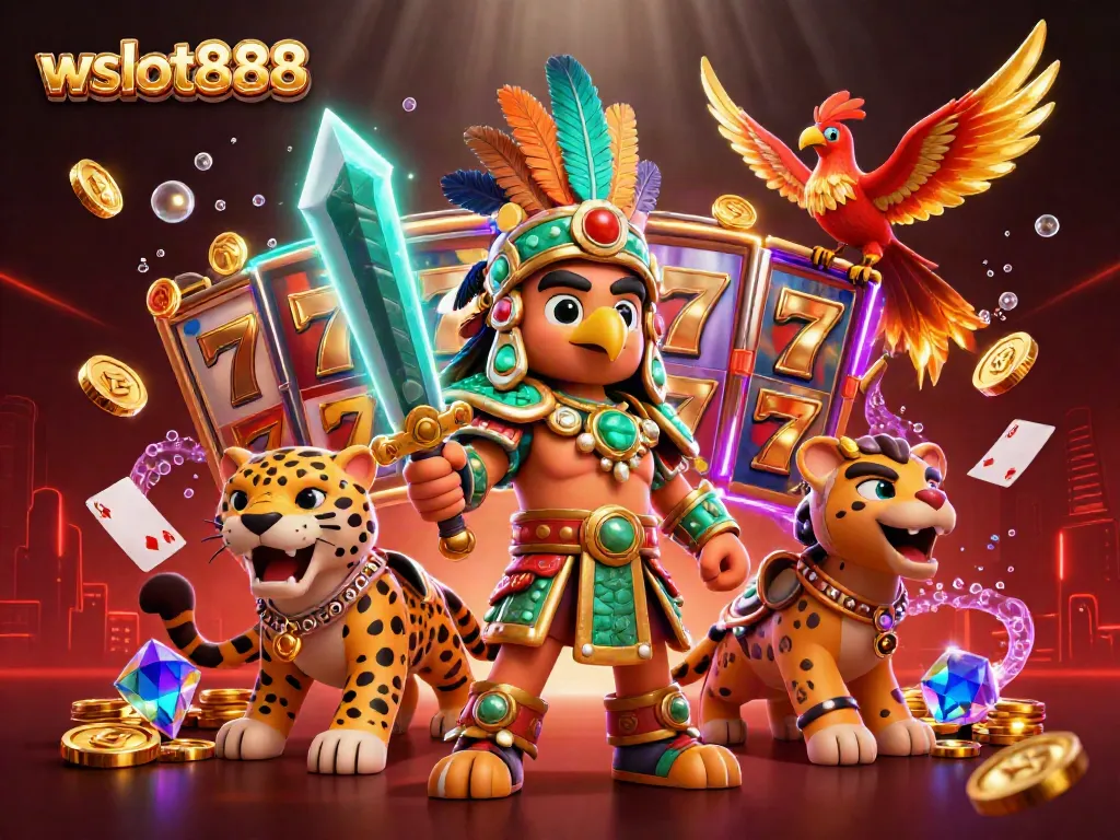 Gim slot wslot888 yang menarik dengan pejuang Aztec, koin emas, dan simbol keberuntungan yang berkilau.