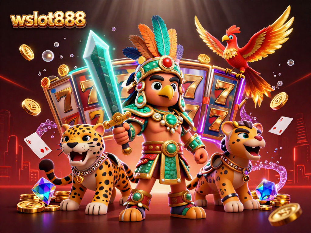 Gim slot wslot888 yang menarik dengan pejuang Aztec, koin emas, dan simbol keberuntungan yang berkilau.