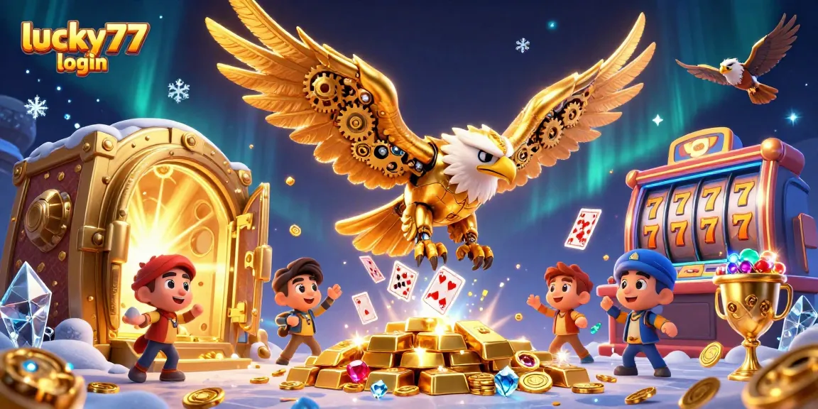 Experience the vibrant lucky77 login scene with a cybernetic eagle soaring amidst casino treasures and holographic cards