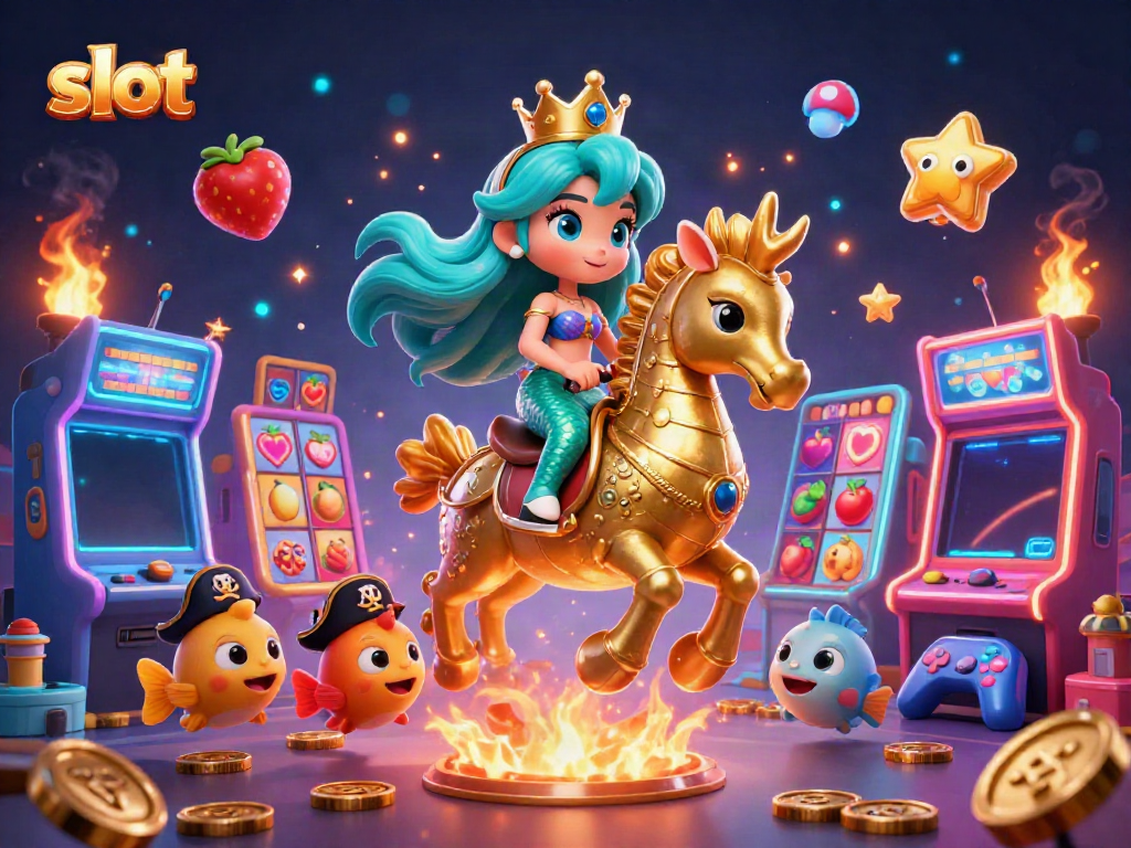 Experience thrilling jackpot wins with vibrant slot reels and dynamic characters in this stunning 3D illustration.