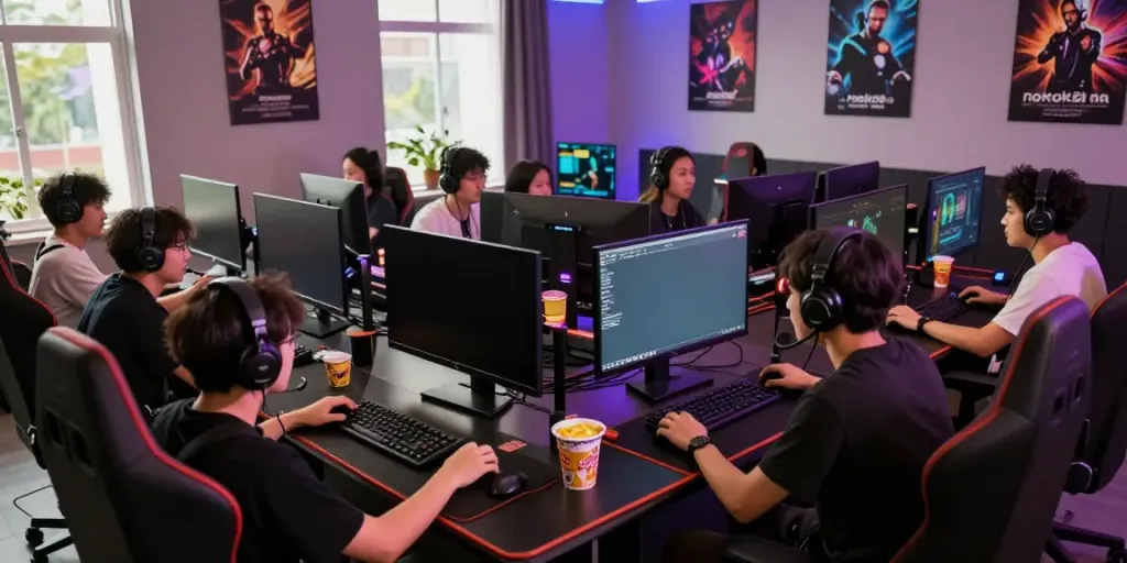 Young adults enjoying an exciting gaming session featuring rokok88 themes in a vibrant atmosphere.