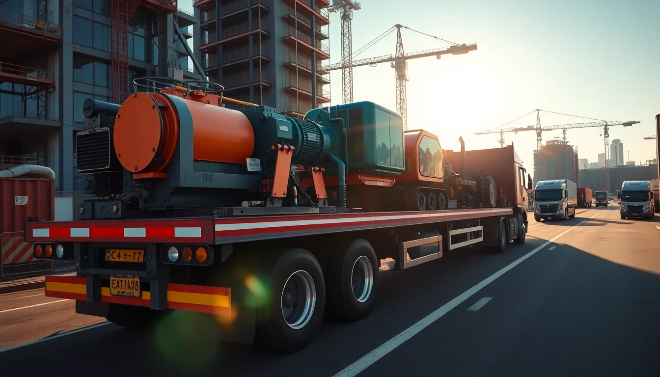 Showcasing equipment transportation with heavy machinery loaded on a flatbed truck.