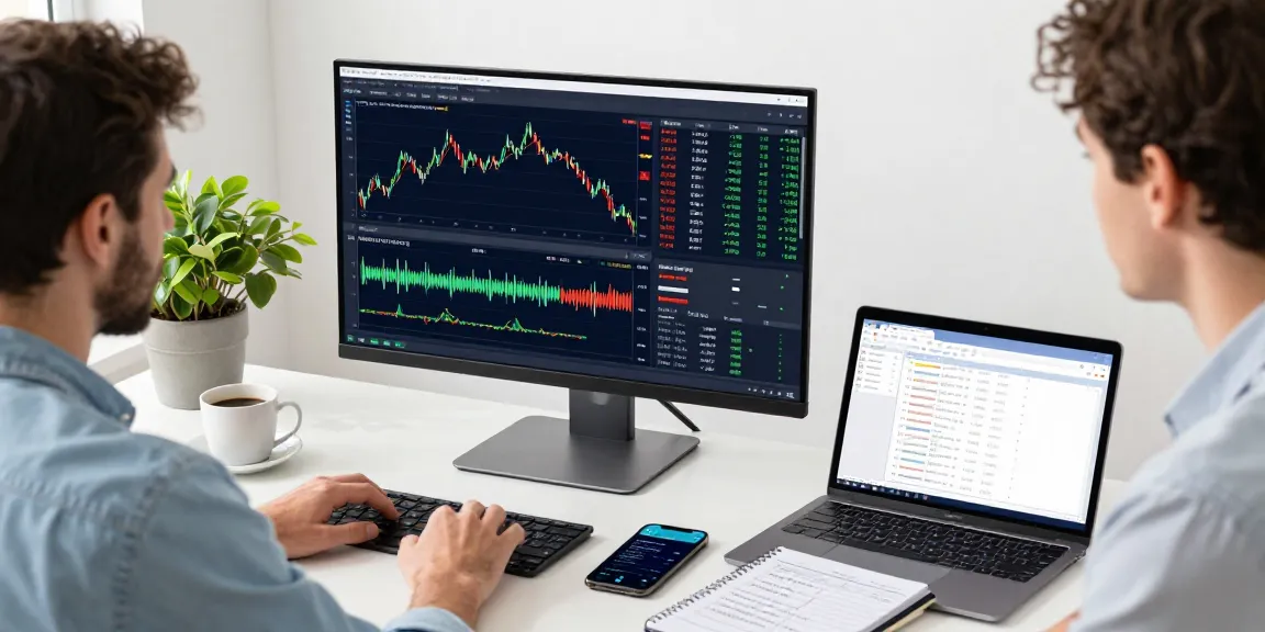 Forex trading scene with MetaTrader 4 interface showcasing dynamic market charts and indicators.