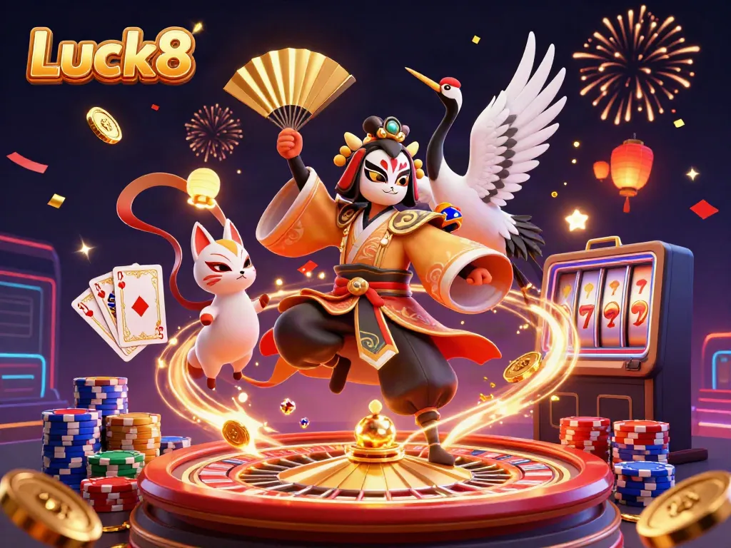 Engage with Luck8's vibrant casino atmosphere, featuring kabuki warrior and magical elements.