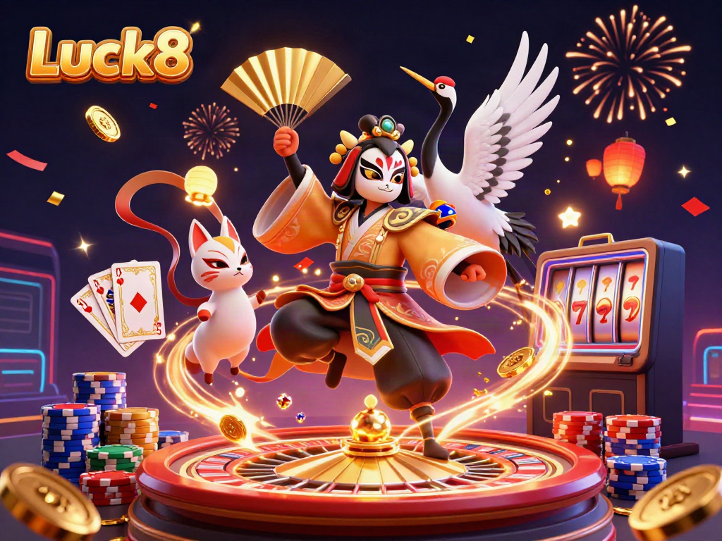 Engage with Luck8's vibrant casino atmosphere, featuring kabuki warrior and magical elements.