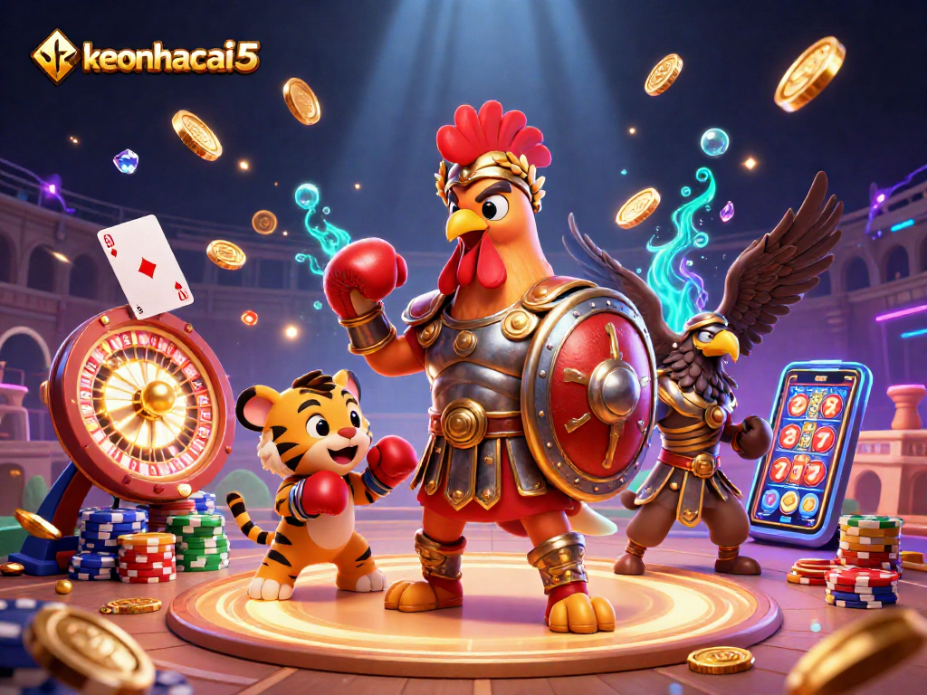 Experience excitement with keonhacai5 in a vibrant casino scene featuring a rooster, tiger cub, and eagle.