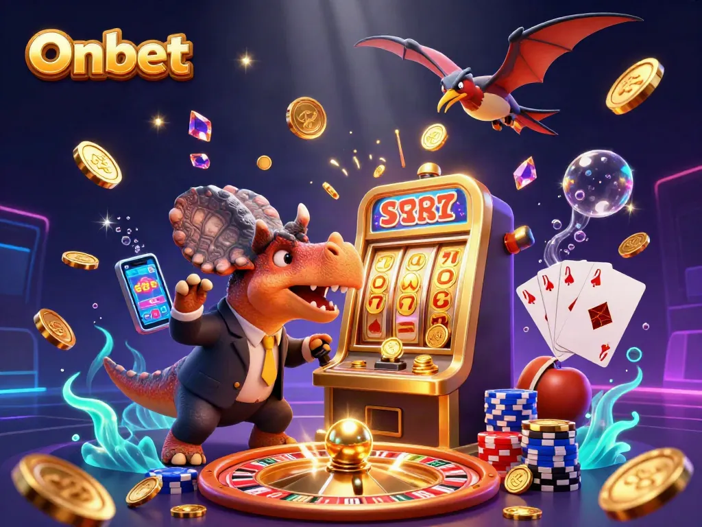 Onbet showcases an exciting casino scene with dinosaurs celebrating slot machine jackpots and gold coins flying.