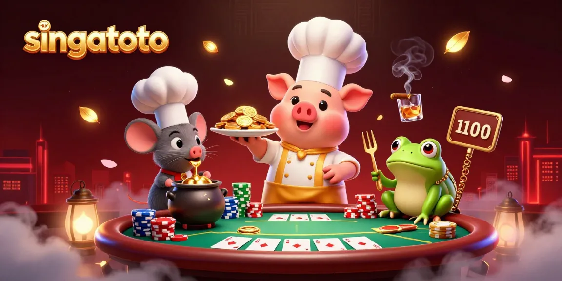 Singatoto offers a lively casino experience with vibrant characters around gaming elements, including poker and gold coins.