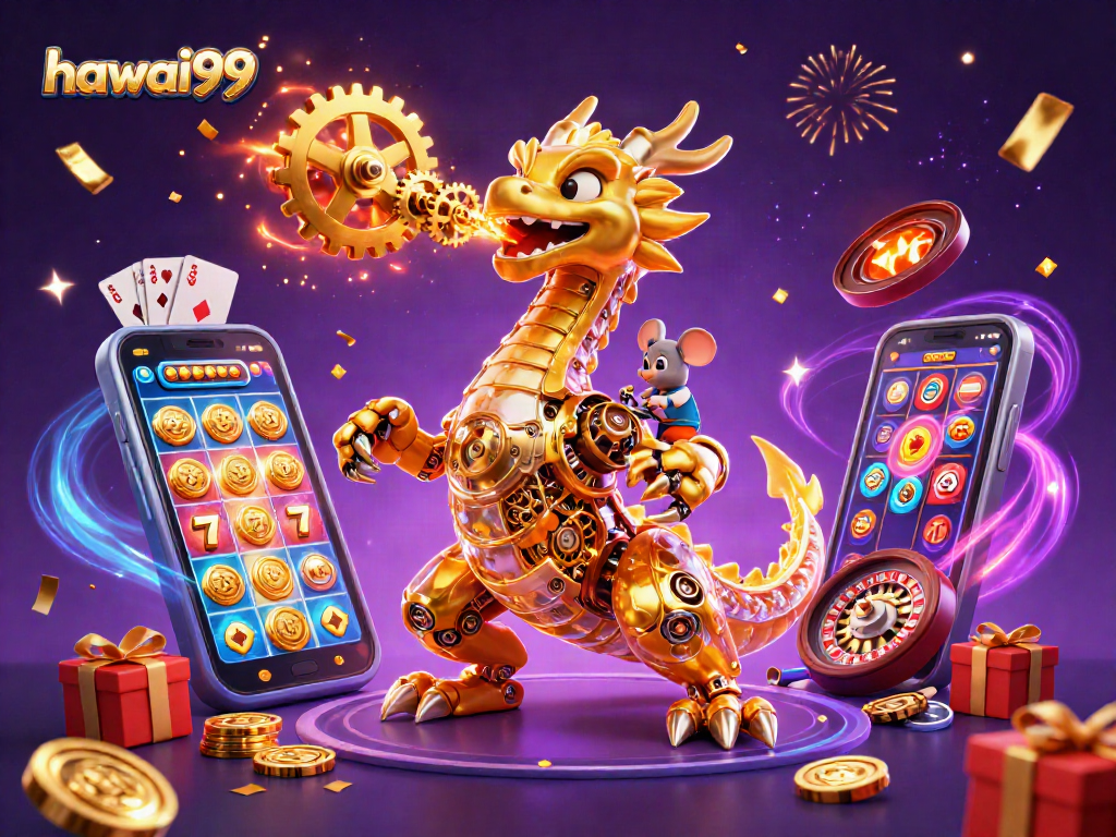 Hawaii99 spins winning slots with a golden dragon and vibrant casino elements.