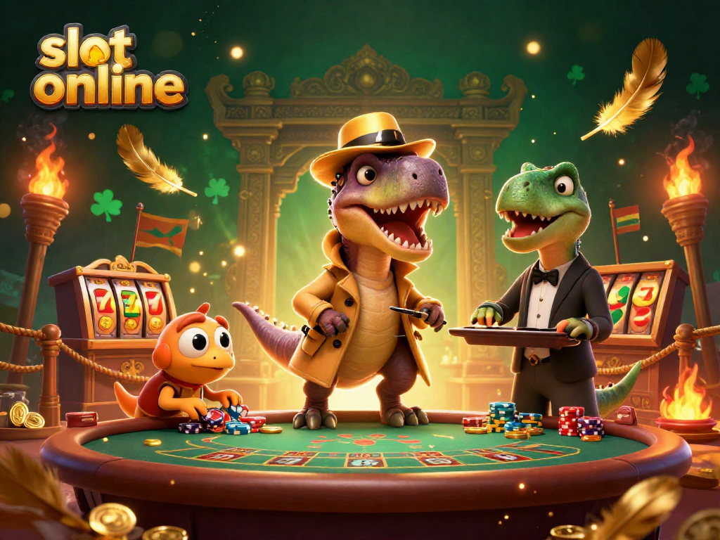 Engage in exciting slot online games with a cartoon velociraptor and dynamic characters in a vibrant casino setting.