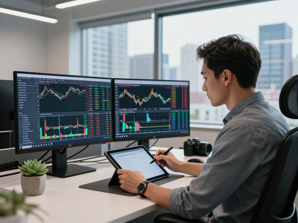 TradingView professional analysis in a modern workspace with multiple screens and real-time charts.