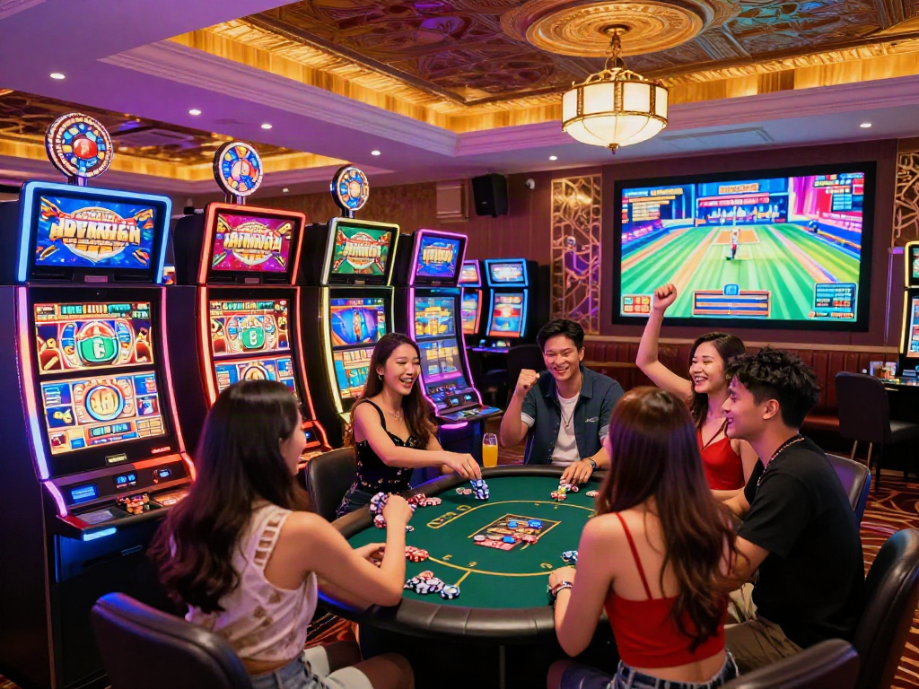 Group enjoying vibrant slot jepang gaming experience in lively casino atmosphere.