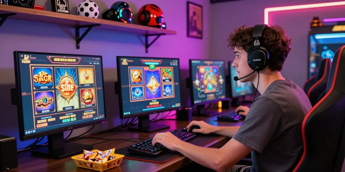 Engaging scene of a young adult enjoying ทดลองสล็อต games on a desktop in a vibrant gaming room.